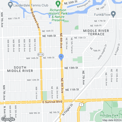 Map showing streets and landmarks in a neighborhood.