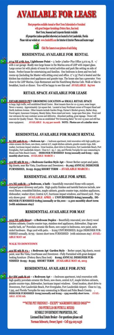 Residential and commercial spaces for rent in various locations.
