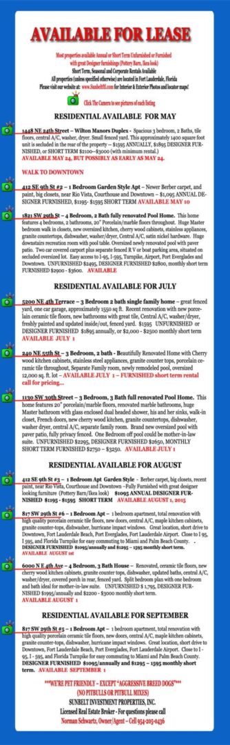 A detailed printed rental listing with sections for July and August availability.